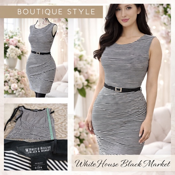 White House Black Market Dresses & Skirts - White House Black Market Black White Striped Sheath Dress Belted Size 6